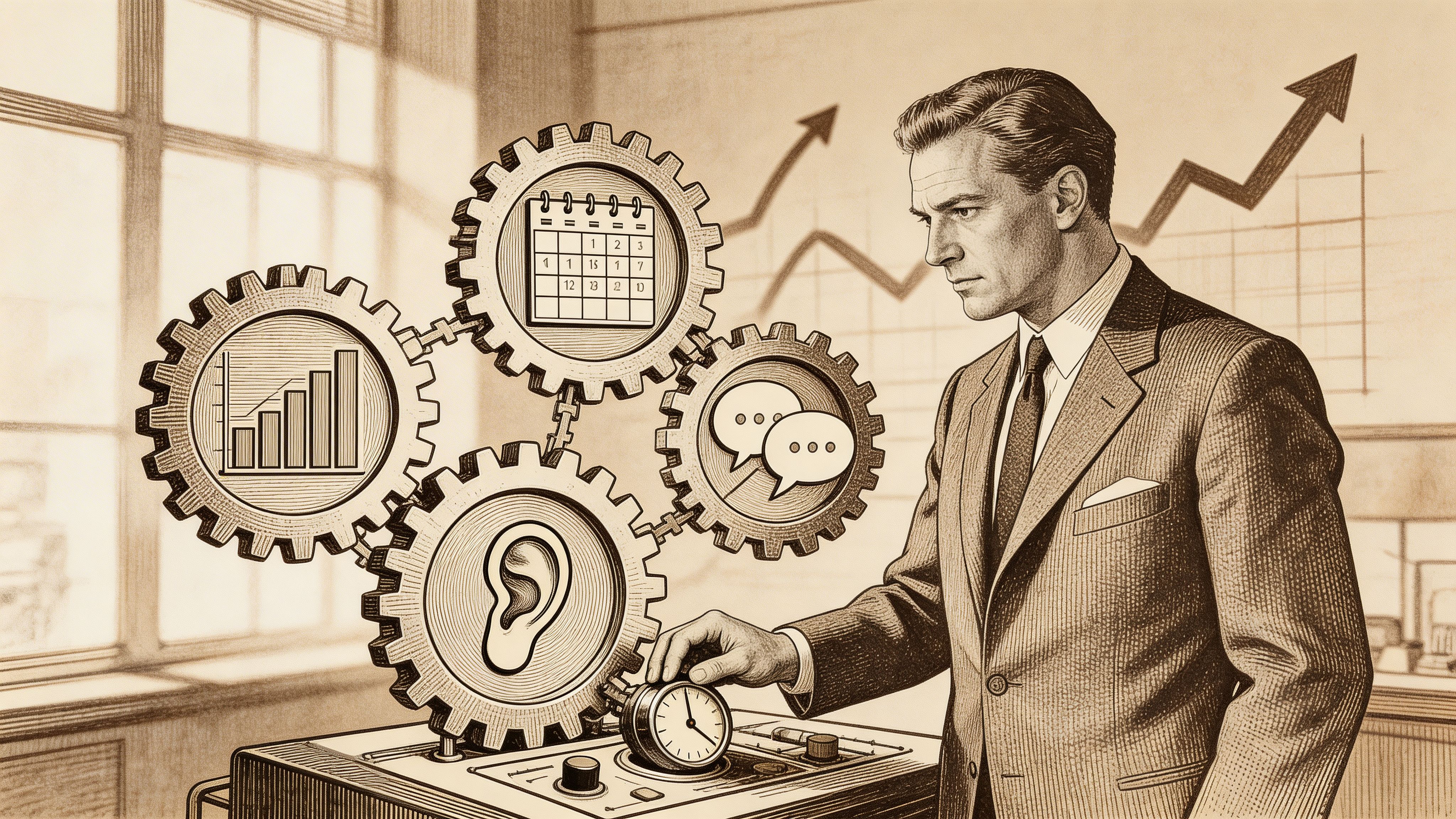 Un hombre de negocios ajusta un panel de control con engranajes que representan comunicación, tiempo y métricas.
