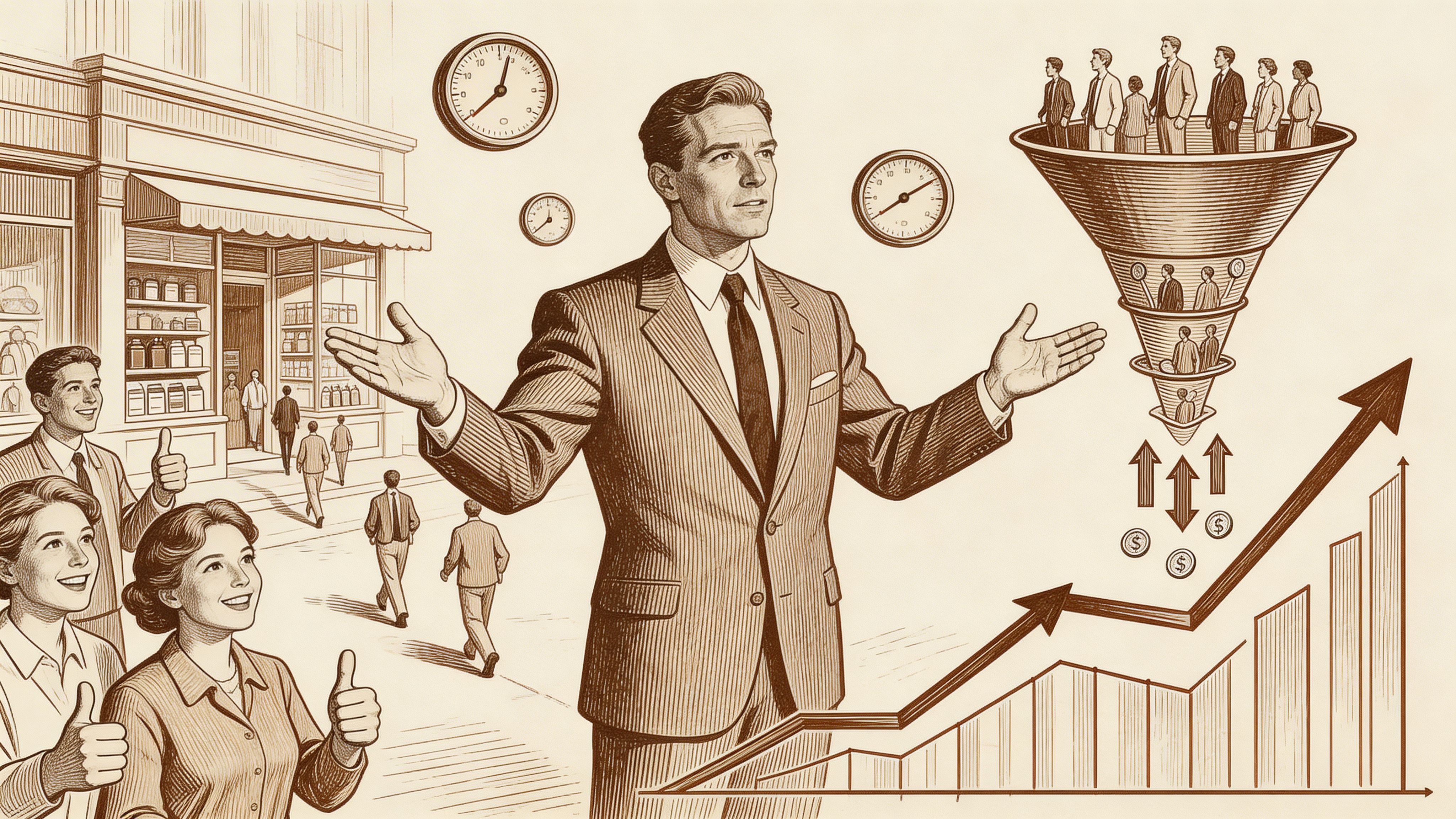 Un hombre de negocios gestiona un embudo de ventas que convierte leads en crecimiento financiero para su empresa.