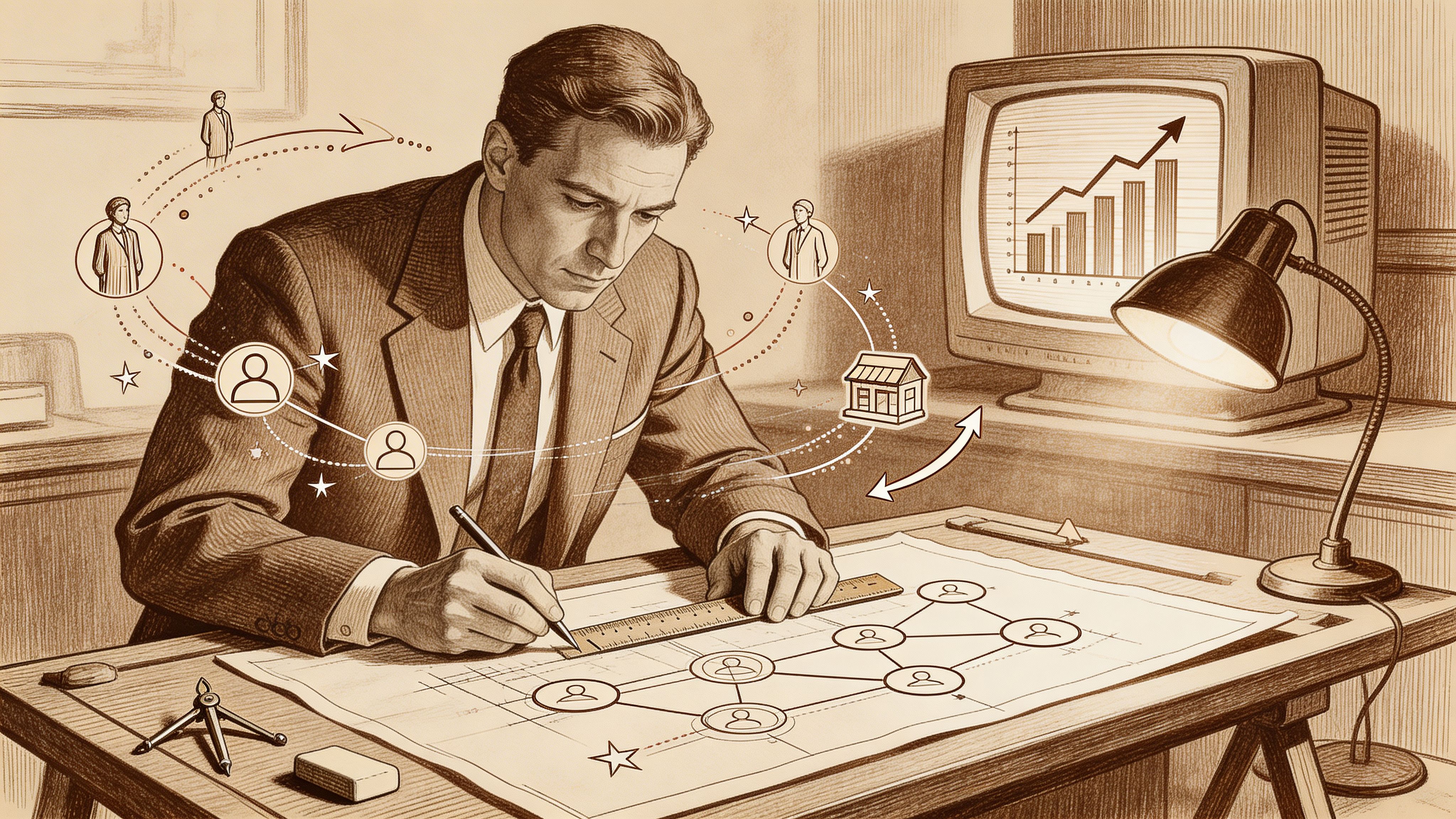 Profesional de negocios trabajando en una estrategia de gestión comunitaria sobre planos con gráficos y conexiones digitales.