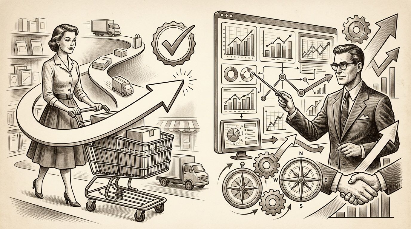 Ilustración estilo boceto mostrando la experiencia del usuario, gestión de datos y logística comercial profesional.