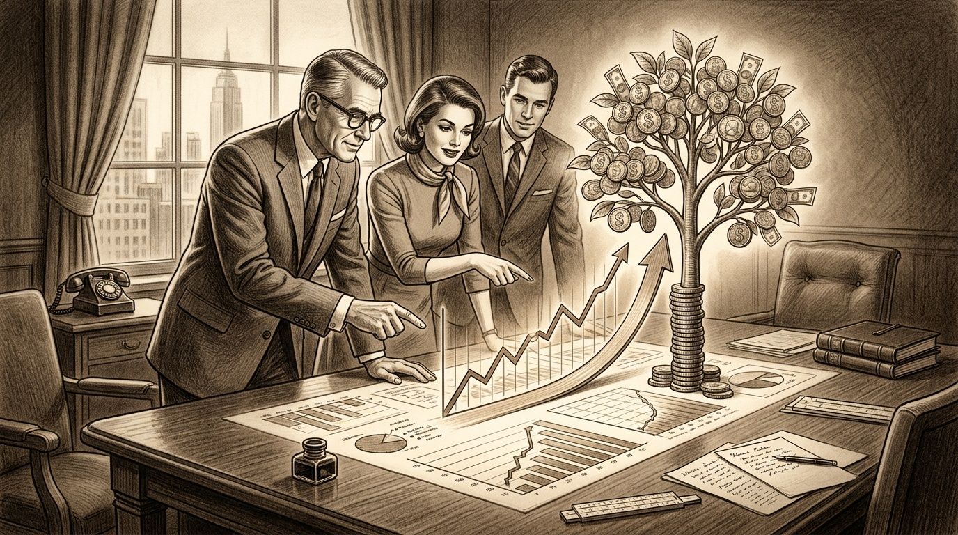 Tres profesionales de negocios analizando un gráfico ascendente y un árbol de dinero en una oficina clásica.