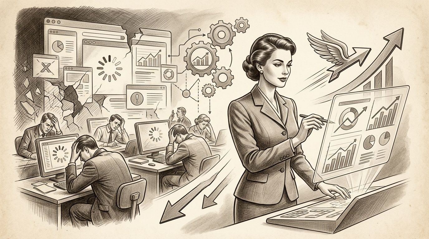 Una ilustración dividida que muestra a empleados estresados ante fallos técnicos y una ejecutiva trabajando con éxito.