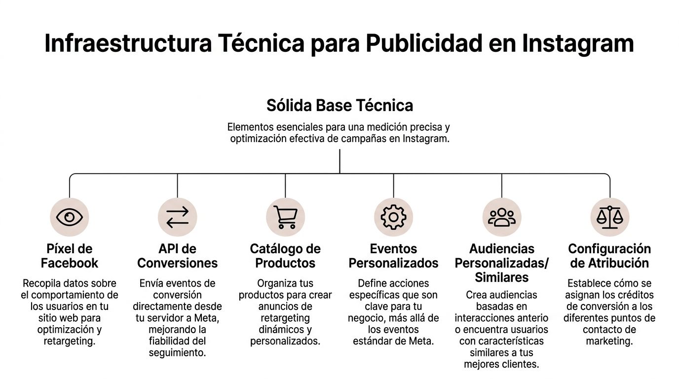 Infografía sobre la infraestructura técnica esencial para mejorar la publicidad y medición en Instagram