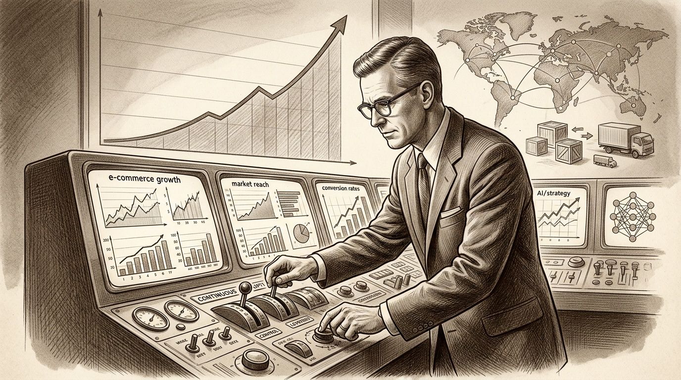Un ejecutivo analizando datos en una consola de control con gráficos de crecimiento y logística global.