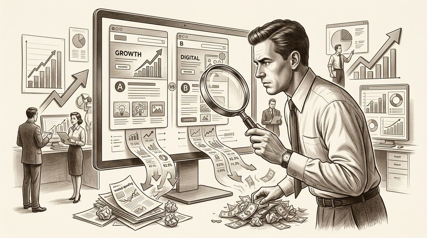 Profesional de negocios analizando estrategias de marketing digital y rendimiento financiero con una lupa frente a pantallas.