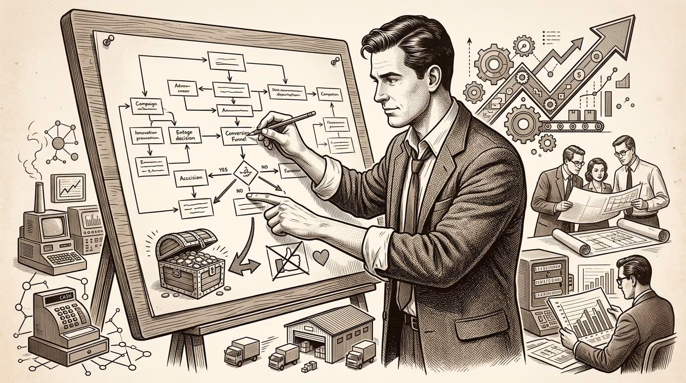 Un hombre de negocios profesional presenta un diagrama de estrategia de marketing complejo en una pizarra grande.