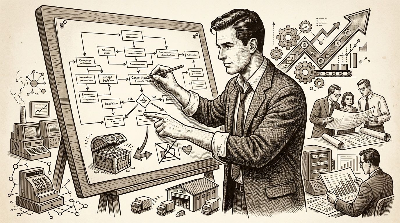Un hombre de negocios profesional presenta un diagrama de estrategia de marketing complejo en una pizarra grande.