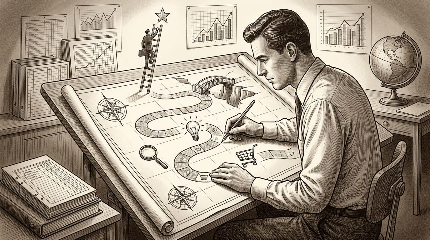 Un hombre de negocios dibuja un mapa estratégico del viaje del cliente sobre una mesa de dibujo grande.