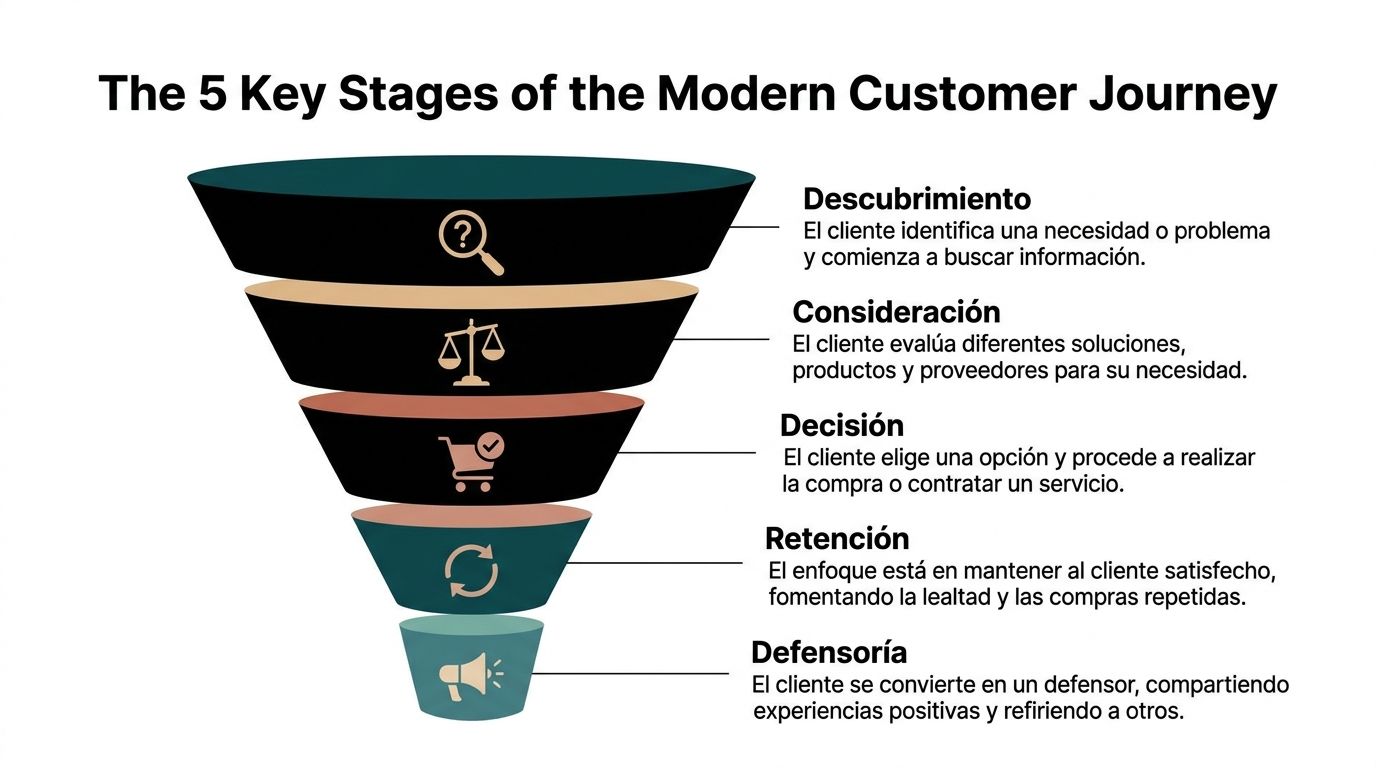 Embudo mostrando las cinco etapas clave del viaje moderno del cliente, desde el descubrimiento hasta la defensoría.