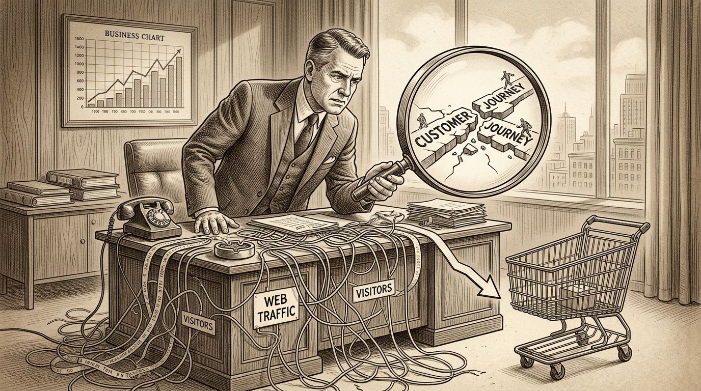 Un ejecutivo de negocios analizando con una lupa la interrupción fracturada del viaje del cliente en su escritorio.