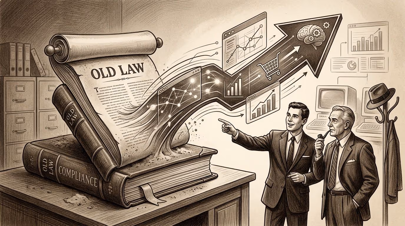 Dos hombres de negocios analizando cómo la antigua ley se transforma en innovaciones digitales y datos modernos.