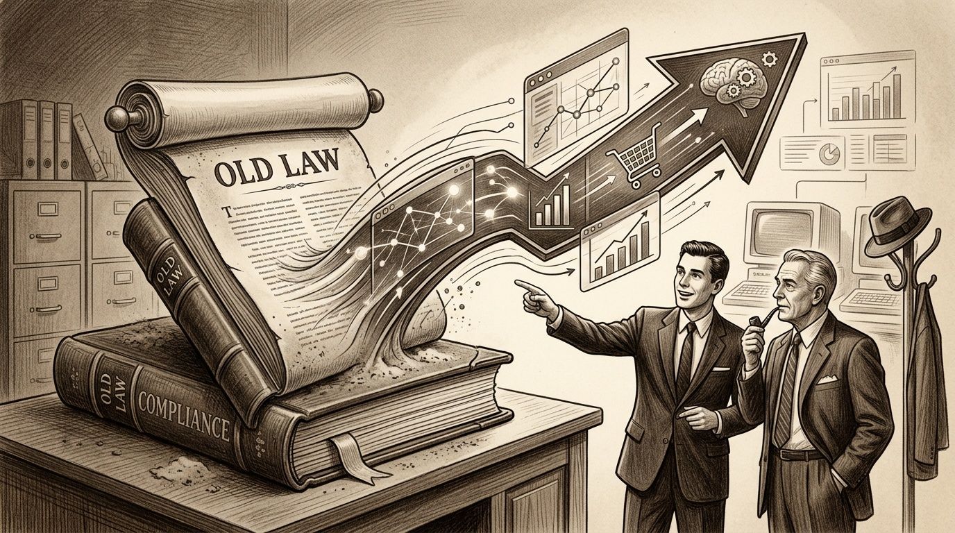 Dos hombres de negocios analizando cómo la antigua ley se transforma en innovaciones digitales y datos modernos.