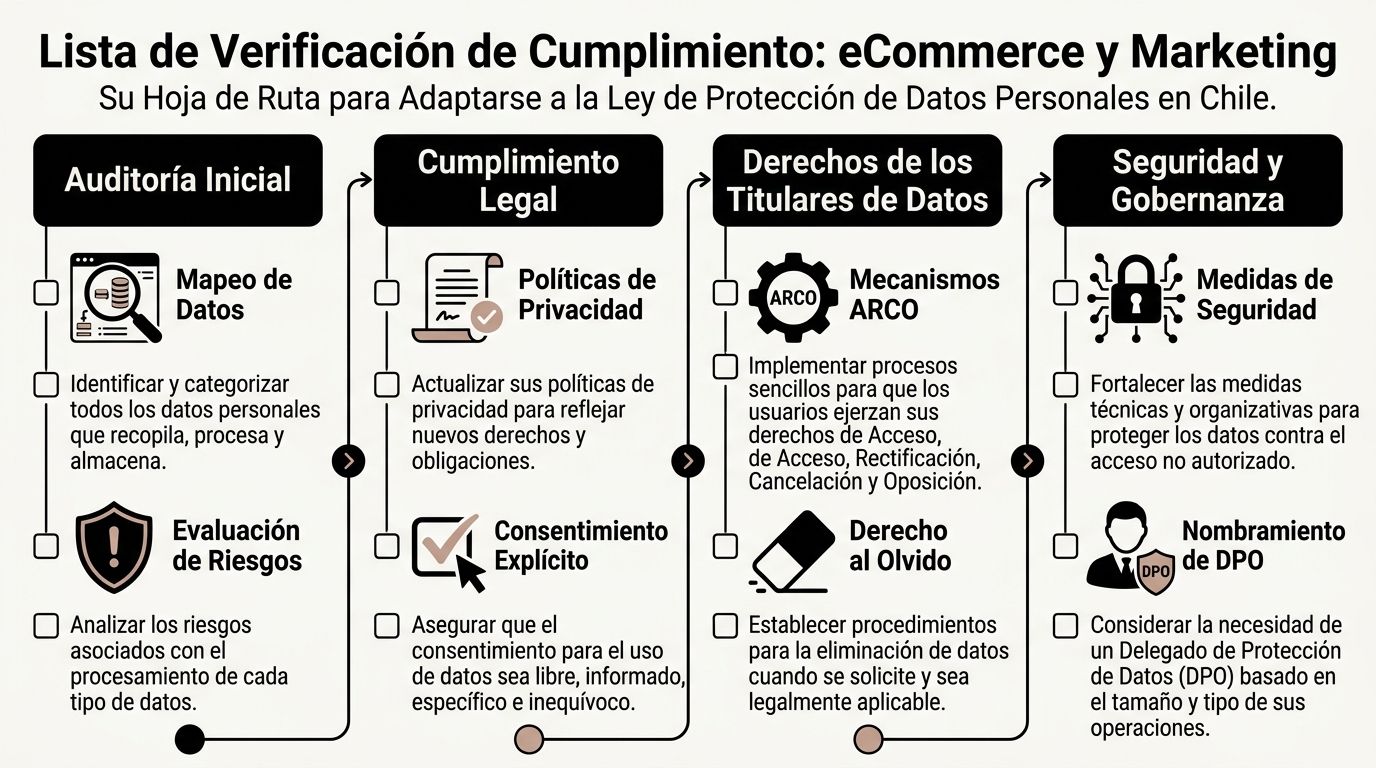 Lista de verificación para cumplir con la Ley de Protección de Datos Personales en eCommerce y Marketing en Chile.