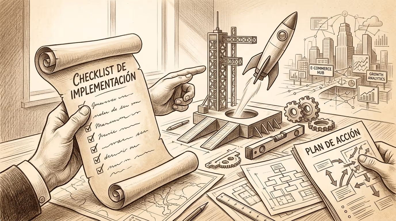 Ilustración estilo boceto mostrando una lista de verificación y un plan de acción para marketing digital.