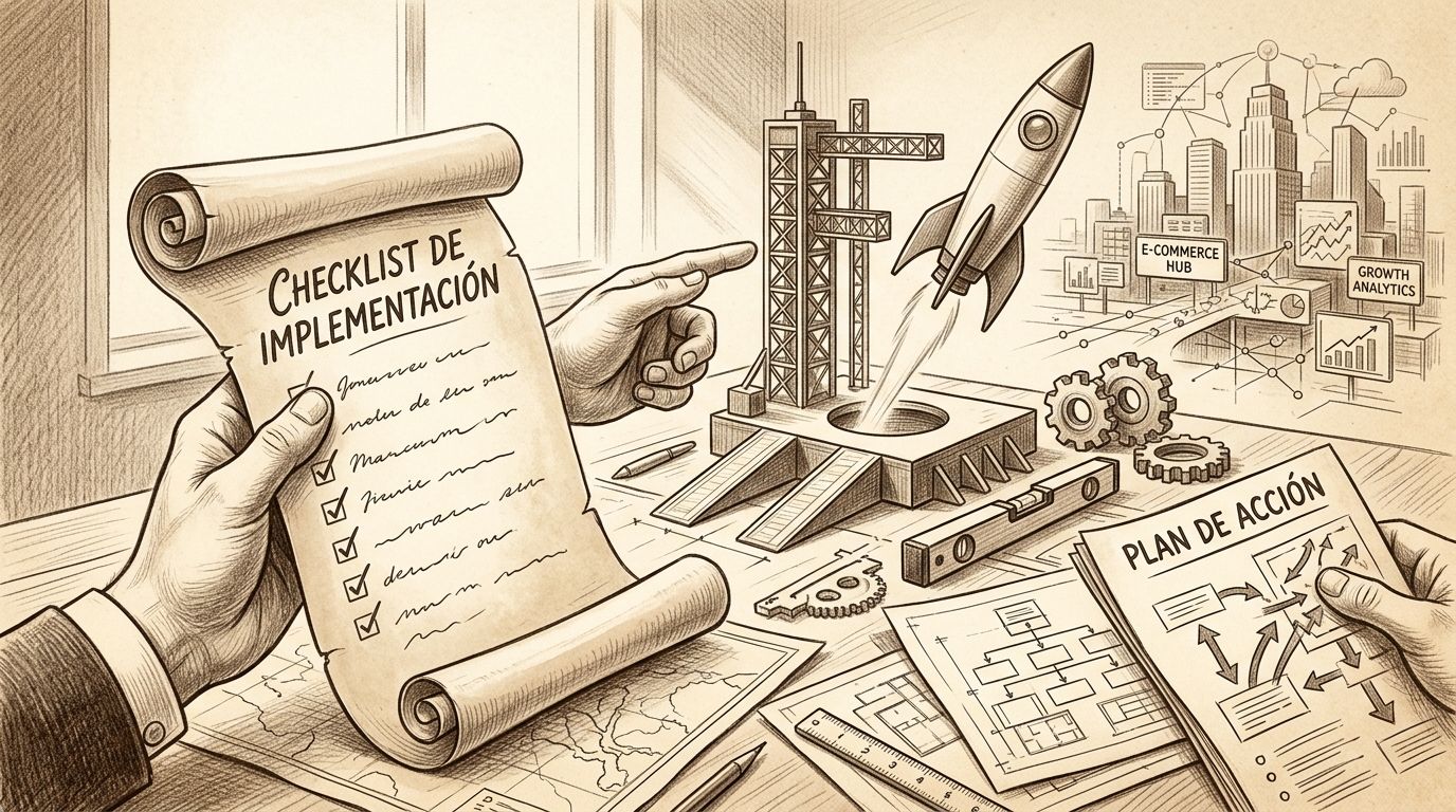 Ilustración estilo boceto mostrando una lista de verificación y un plan de acción para marketing digital.