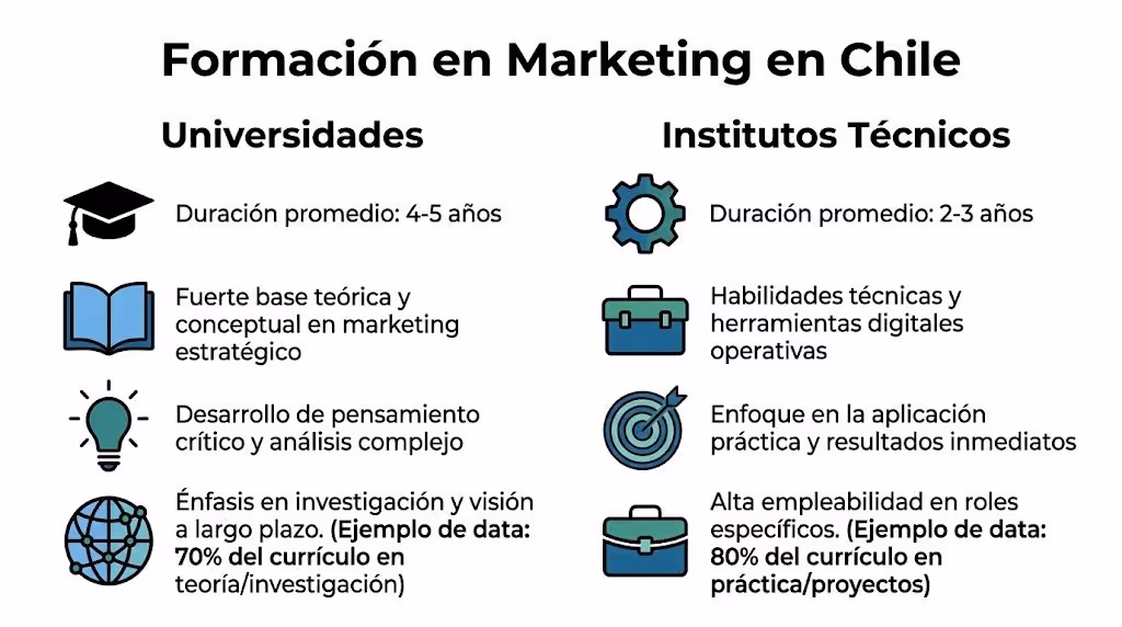 Comparativa educativa entre universidades e institutos técnicos para estudiar marketing en Chile destacando diferencias clave.