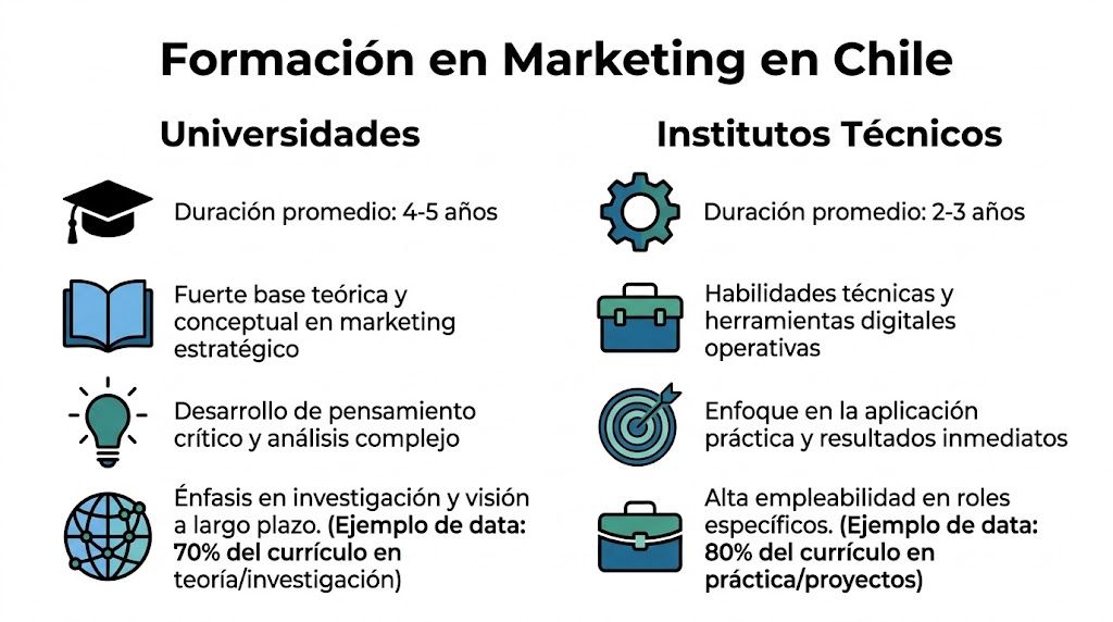 Educational comparison between universities and technical institutes for studying marketing in Chile highlighting key differences.