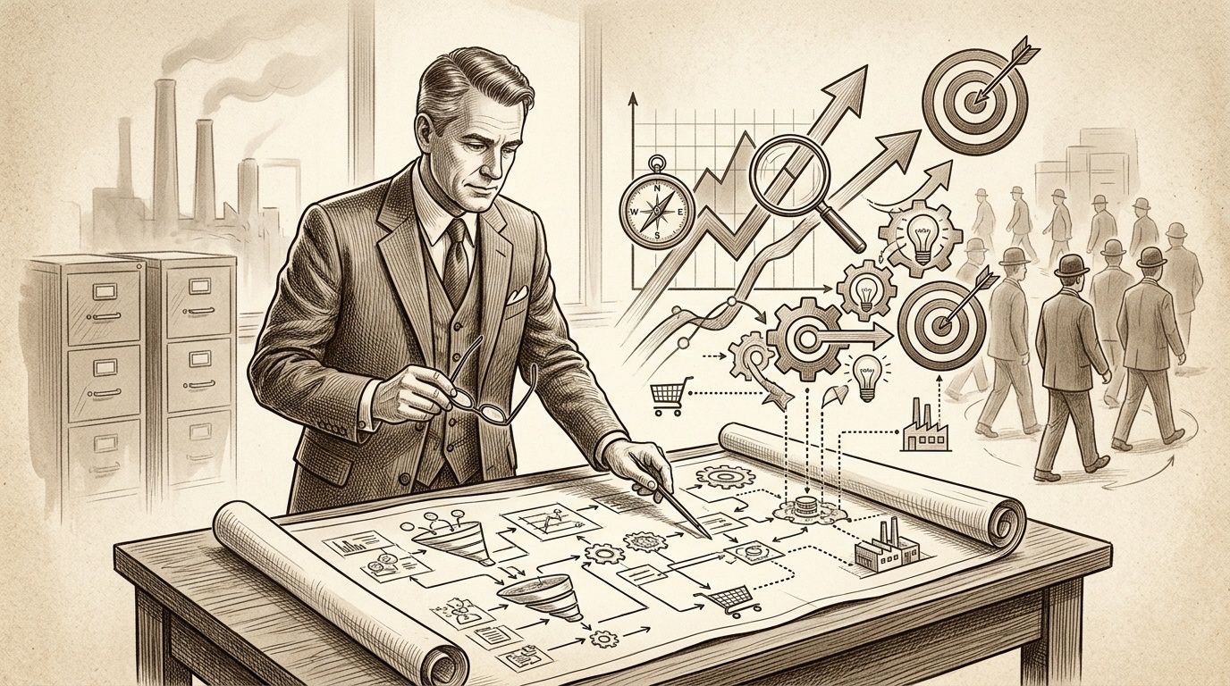 An executive analyzing strategic process diagrams at a desk with a forward-looking corporate vision