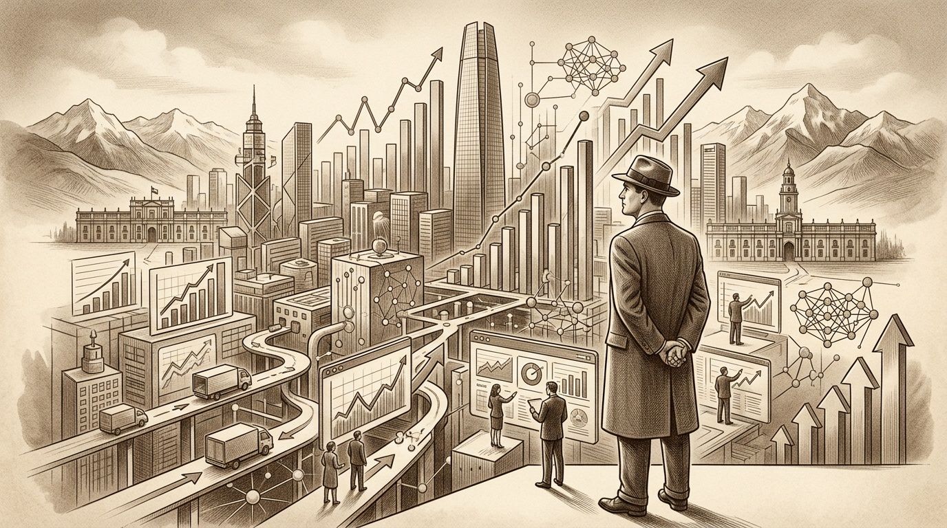 A businessman observes a modern city in Chile with financial charts and economic growth.