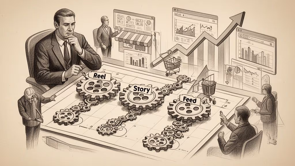 Un hombre de negocios analizando una estrategia de marketing digital con engranajes marcados como Reel, Story y Feed.