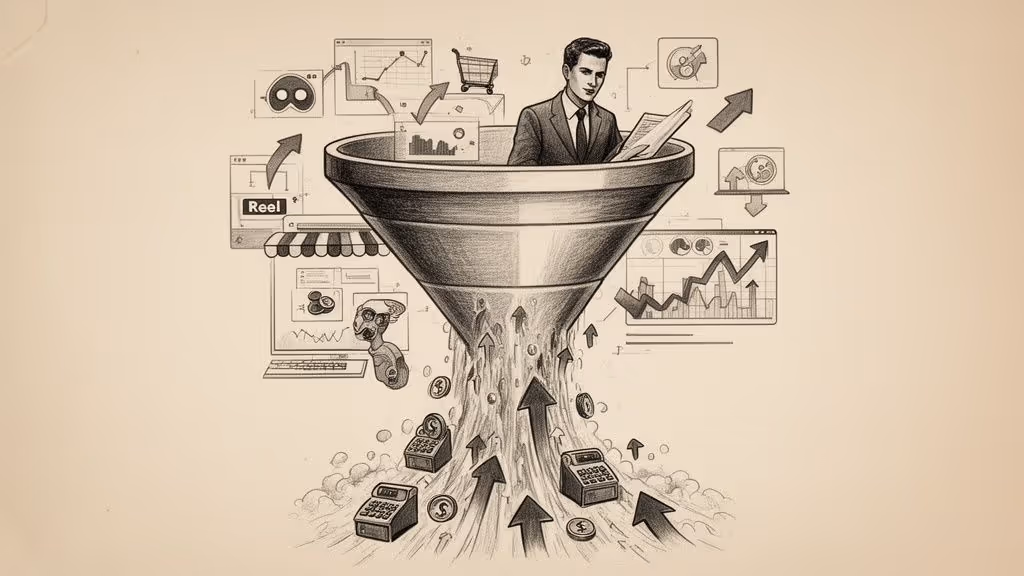 Un ejecutivo supervisando un embudo de ventas que convierte interacciones digitales en crecimiento financiero y datos positivos.