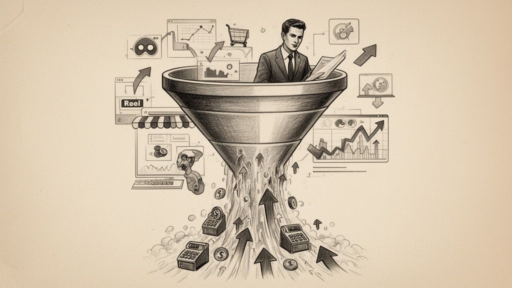 An executive overseeing a sales funnel that converts digital interactions into financial growth and positive data.