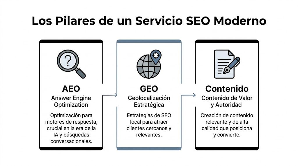 Infografía sobre los pilares de un servicio SEO moderno incluyendo AEO, geolocalización estratégica y creación de contenido relevante.