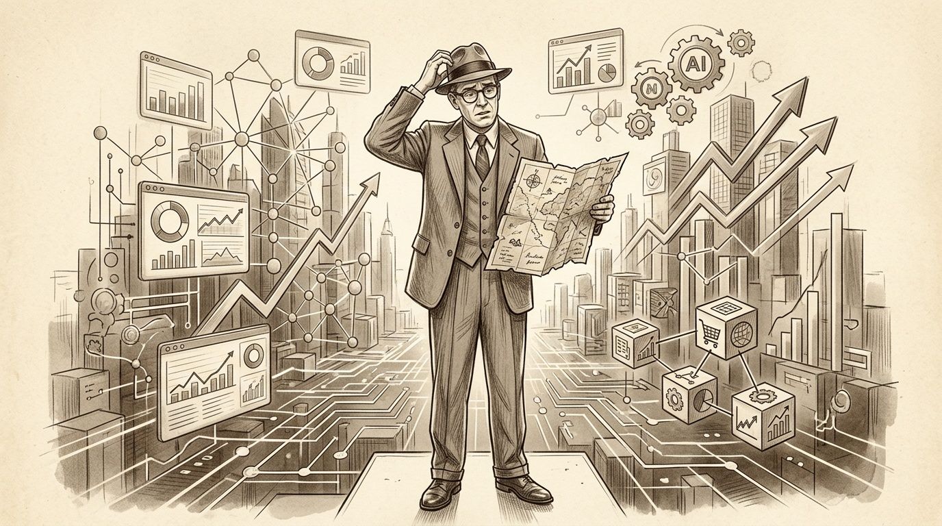 Un hombre de negocios confundido sosteniendo un mapa rodeado de gráficos de datos y tecnología futurista.