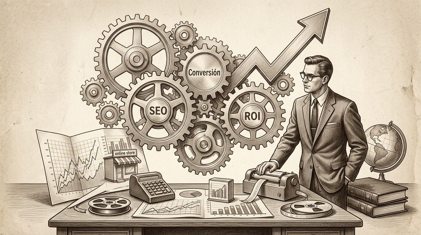 Un ejecutivo analizando estrategias de marketing digital que integran SEO, conversión y retorno de inversión en una oficina.