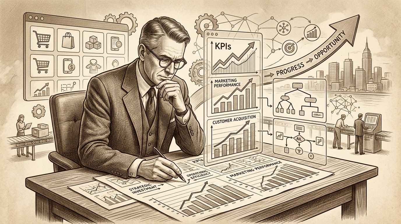 Empresario analizando gráficos de rendimiento y estrategias de crecimiento empresarial en una oficina con estilo artístico clásico.