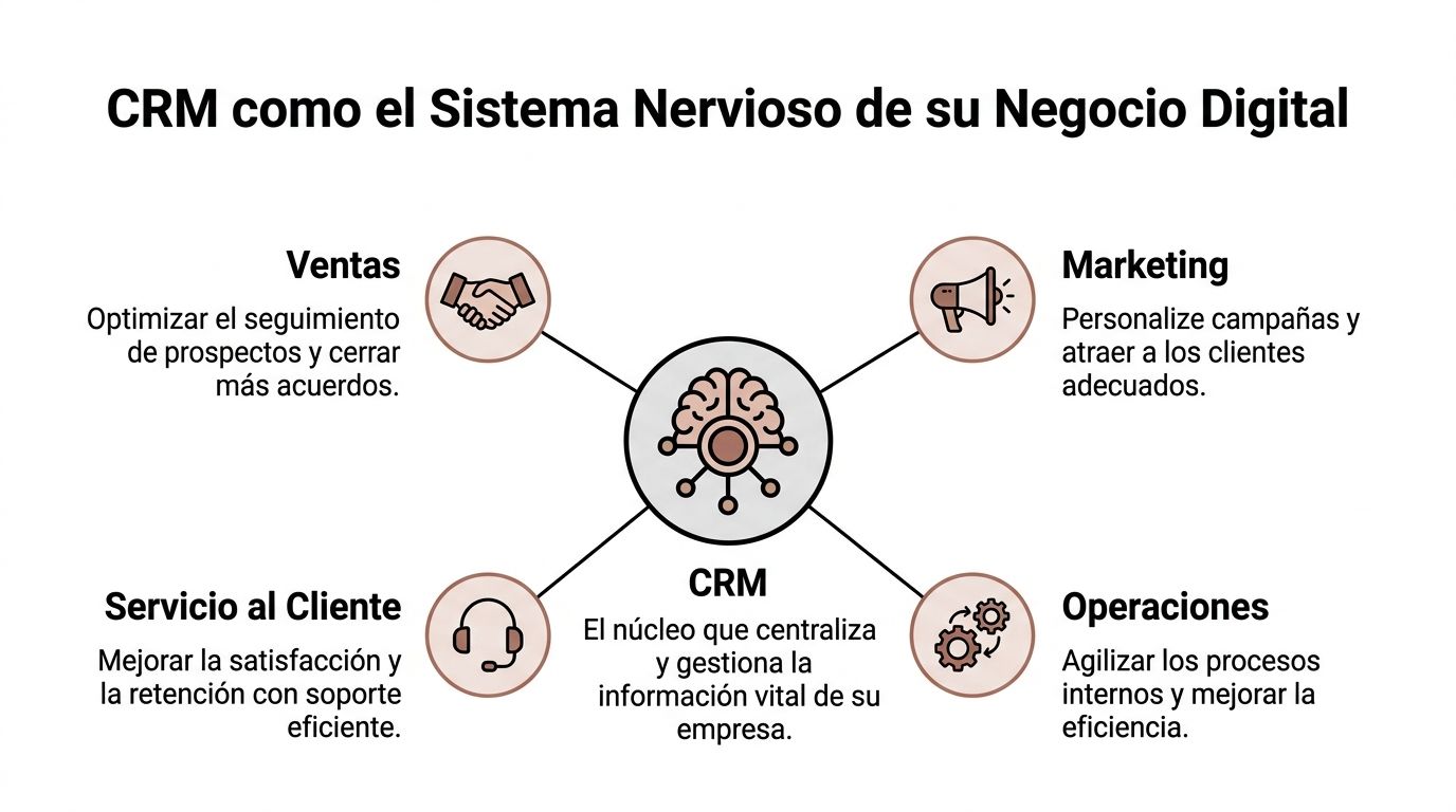 Diagrama del CRM como el sistema nervioso centralizado que conecta ventas, marketing, operaciones y servicio al cliente.