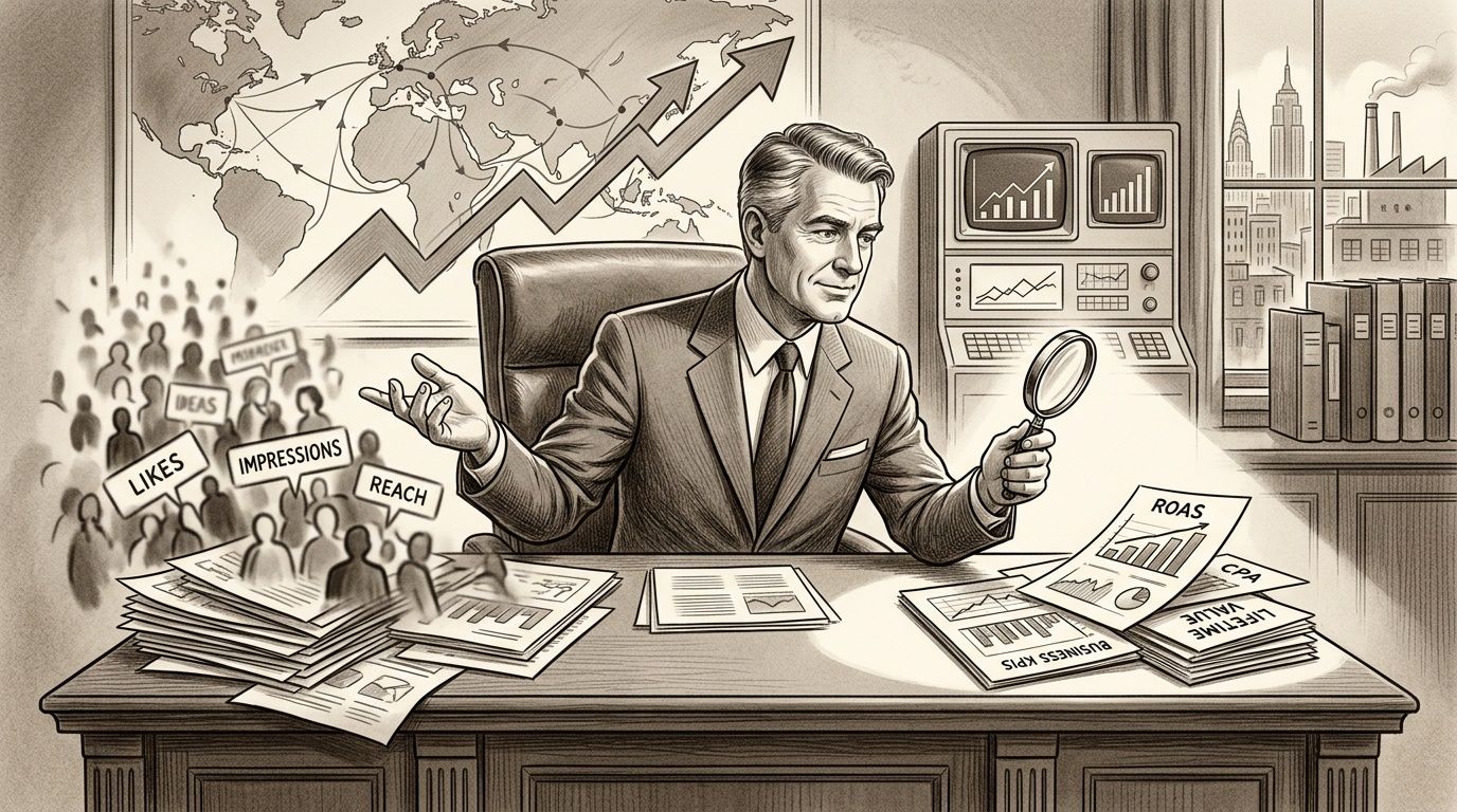 Un ejecutivo analizando métricas de publicidad en redes sociales y resultados financieros sentado en una oficina corporativa