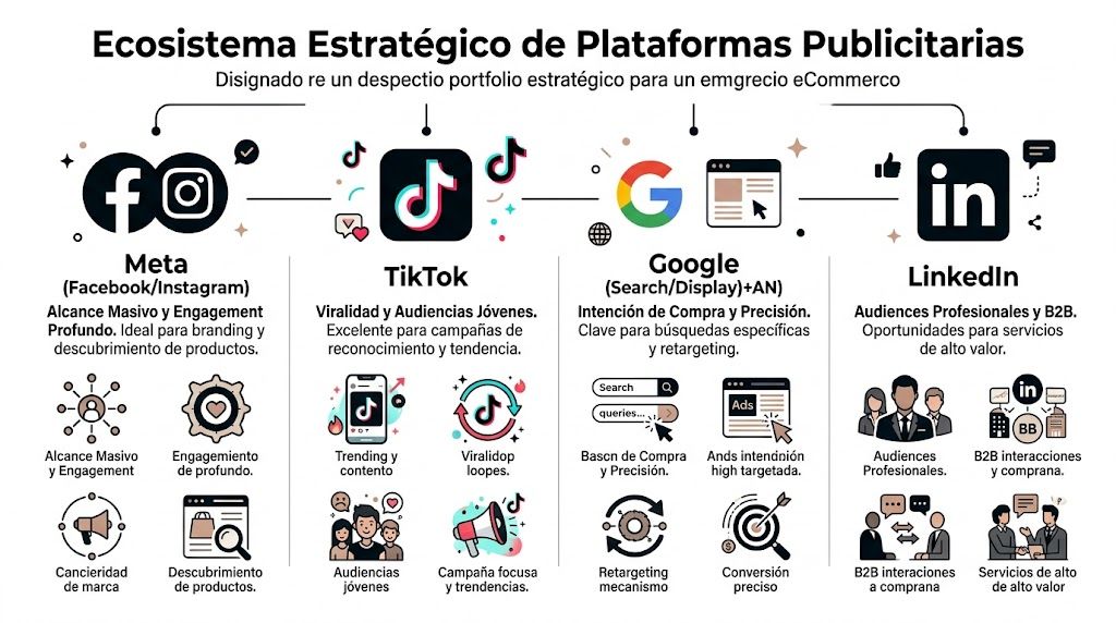 Infografía sobre el ecosistema de plataformas publicitarias digitales para estrategias de eCommerce en redes sociales.