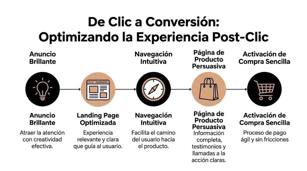 Diagrama de flujo que ilustra los pasos para optimizar la experiencia post-clic desde el anuncio hasta la compra.