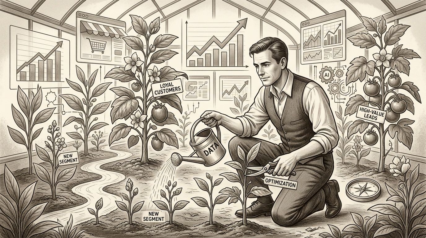Hombre de negocios cultivando plantas que simbolizan el crecimiento de clientes y datos en un invernadero digital.