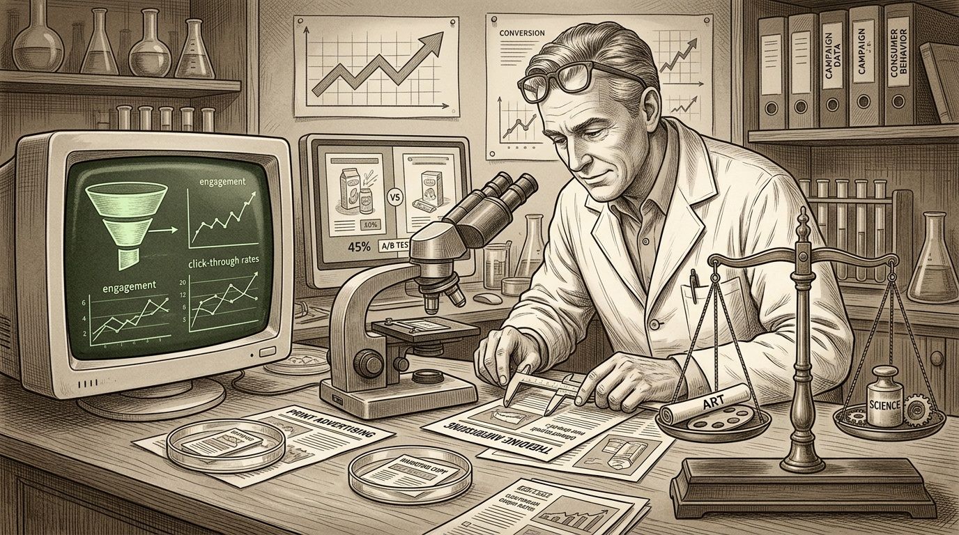 Un científico analizando campañas publicitarias y datos de marketing en un laboratorio de diseño y estrategia digital.