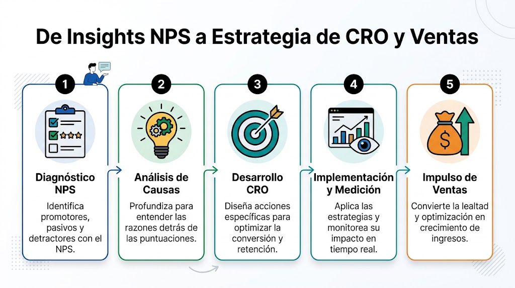 Proceso de cinco etapas que conecta los insights del NPS con la estrategia de ventas y optimización.