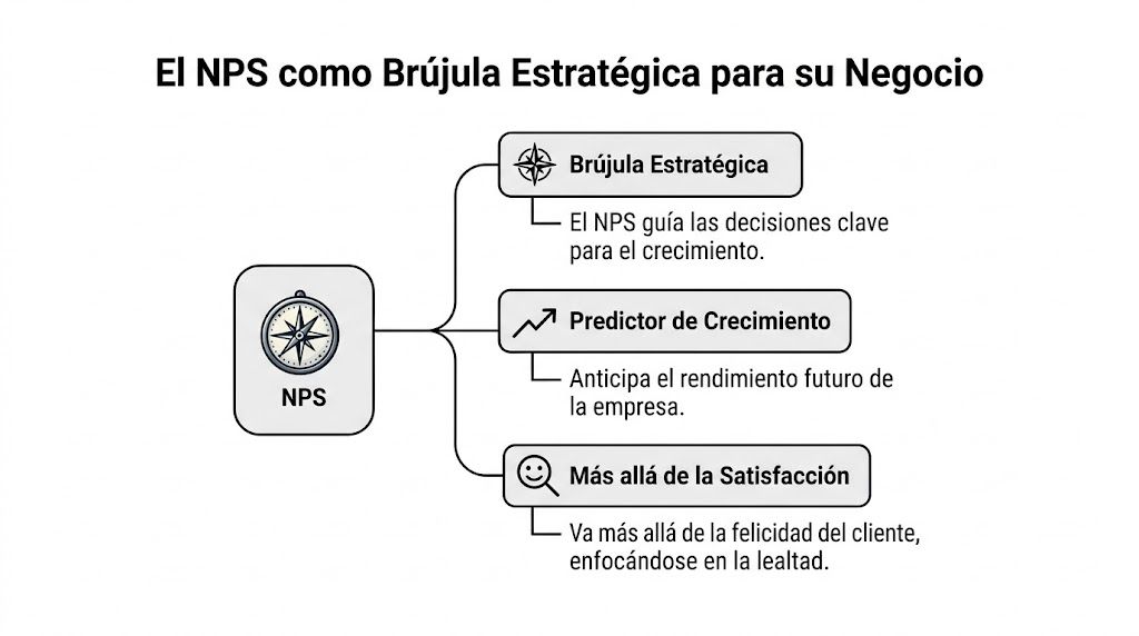 Diagrama que explica el NPS como brújula estratégica, predictor de crecimiento y herramienta de lealtad del cliente.