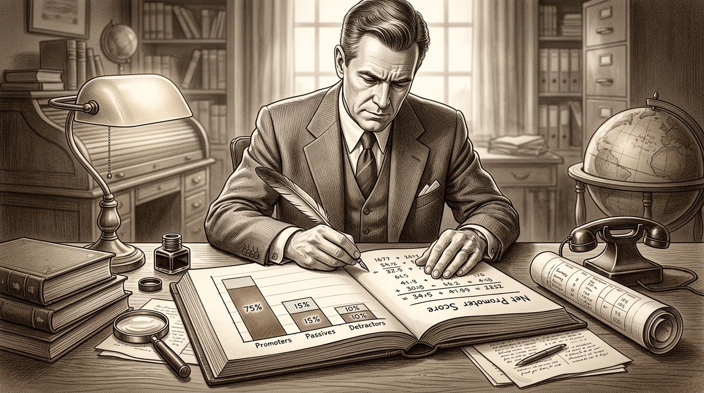 Un hombre de negocios analizando cálculos detallados del Net Promoter Score en su escritorio de oficina vintage.