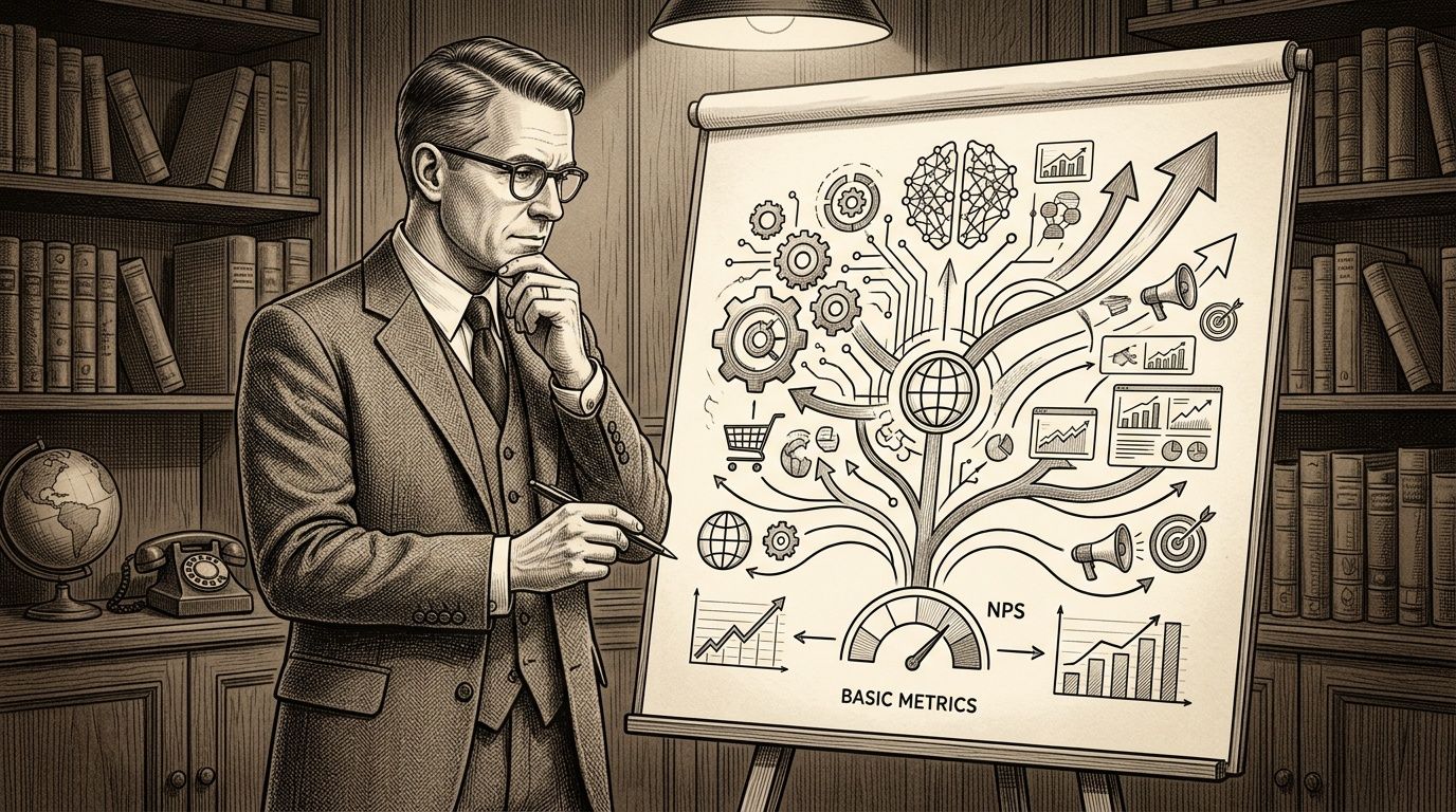 Un hombre de negocios analizando un esquema de métricas empresariales con un gráfico de NPS en pizarra.