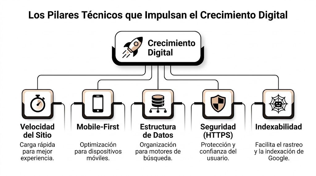 Diagrama que muestra los pilares técnicos fundamentales para impulsar el crecimiento digital, incluyendo velocidad, mobile-first y seguridad.