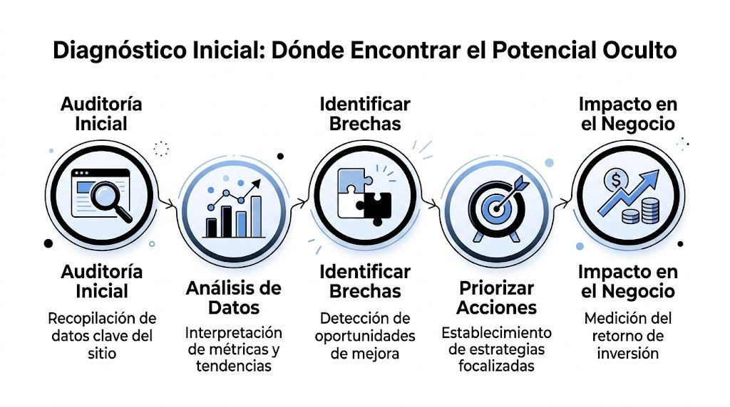 Diagrama de proceso paso a paso sobre auditoría inicial para descubrir el potencial oculto en sitios web.