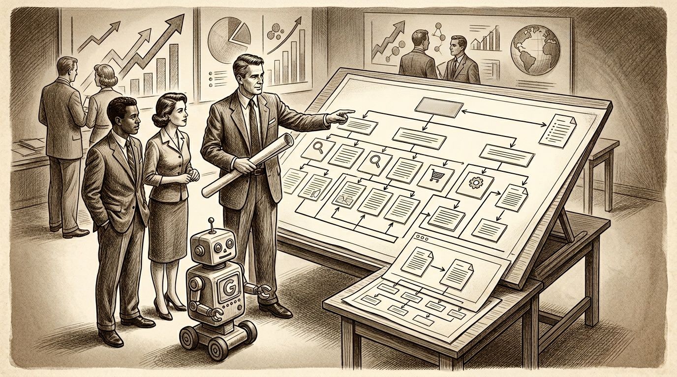 Un equipo de profesionales revisa estrategias digitales con un robot en un entorno de oficina corporativa