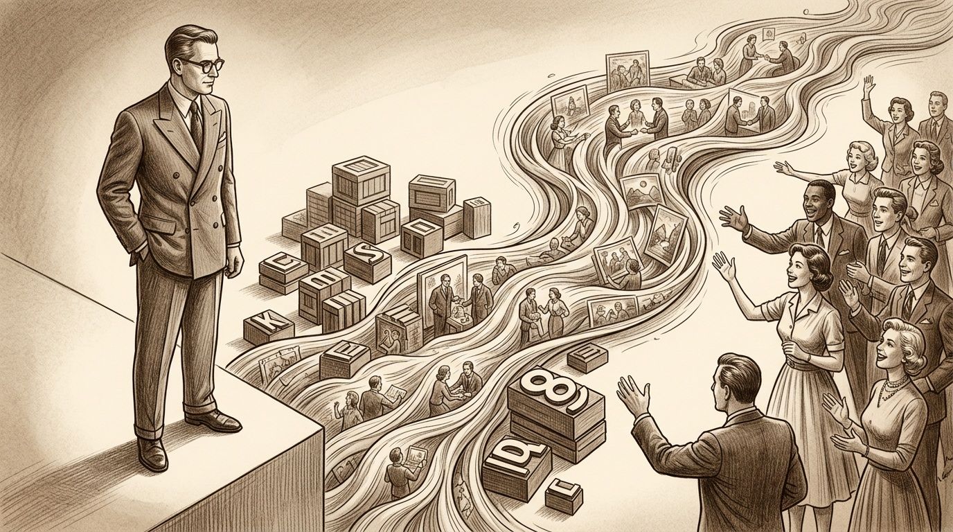 Un hombre de negocios se dirige a una audiencia mientras las ideas fluyen hacia el público presente.