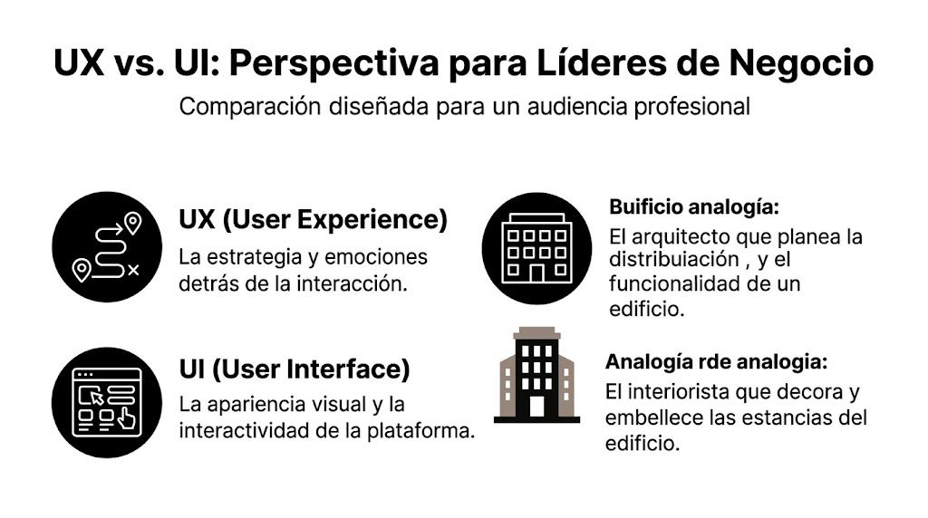 Infografía comparativa que explica las diferencias entre la experiencia de usuario y la interfaz de usuario.