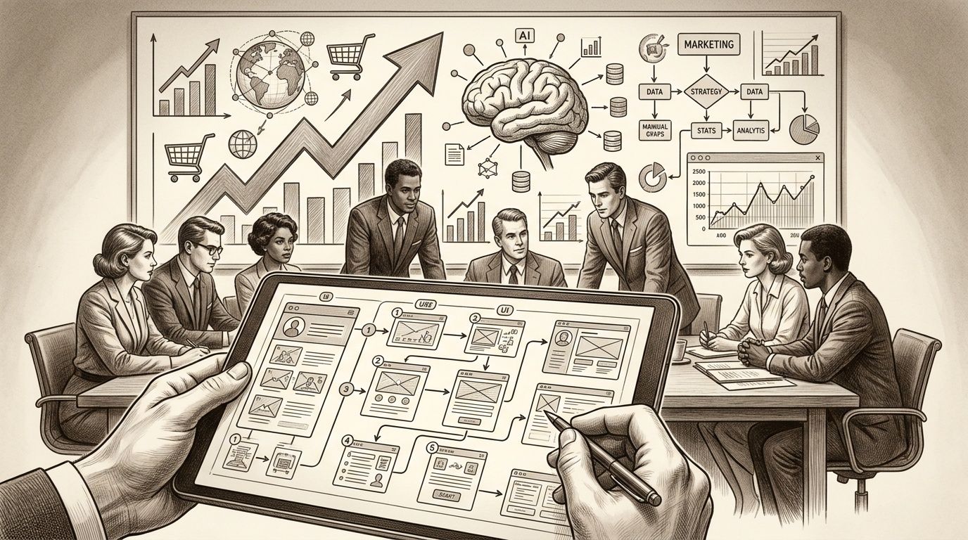 Un equipo profesional colaborando en una reunión estratégica sobre diseño de interfaces y optimización de experiencia de usuario.