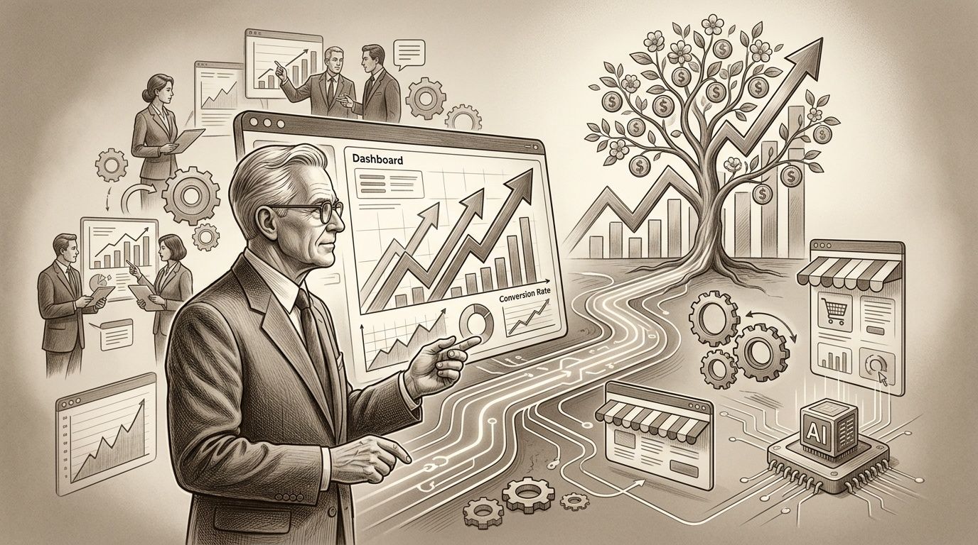 Empresario analizando un panel de control con gráficos financieros, crecimiento de datos y tecnología de inteligencia artificial integrada.