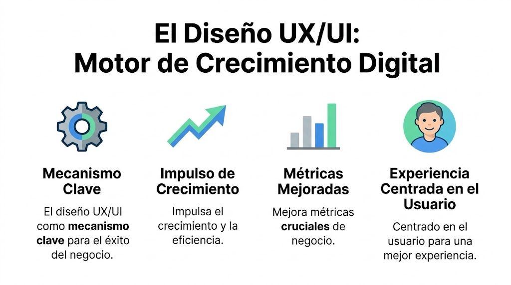 Infografía sobre cómo el diseño UX/UI impulsa el crecimiento digital y mejora la experiencia del usuario empresarial.