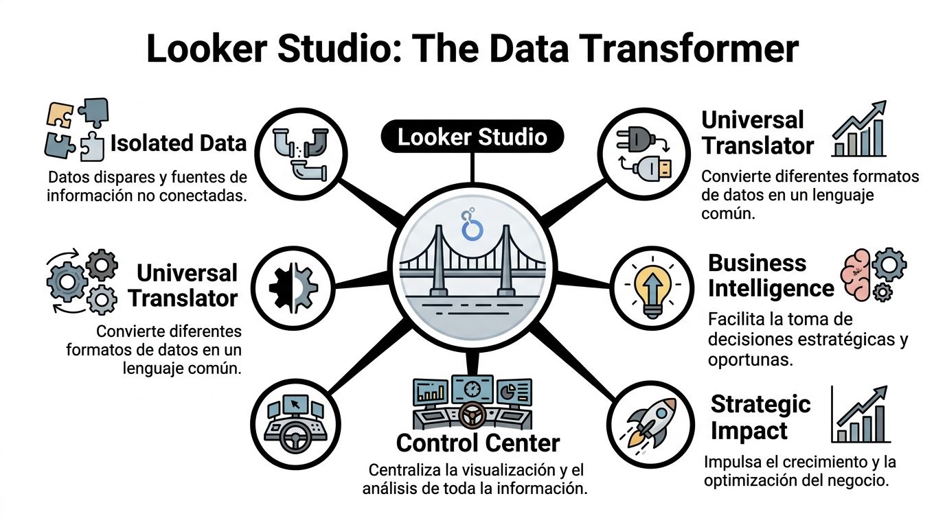Diagrama de Looker Studio ilustrando cómo transforma datos aislados en inteligencia de negocios y crecimiento estratégico.
