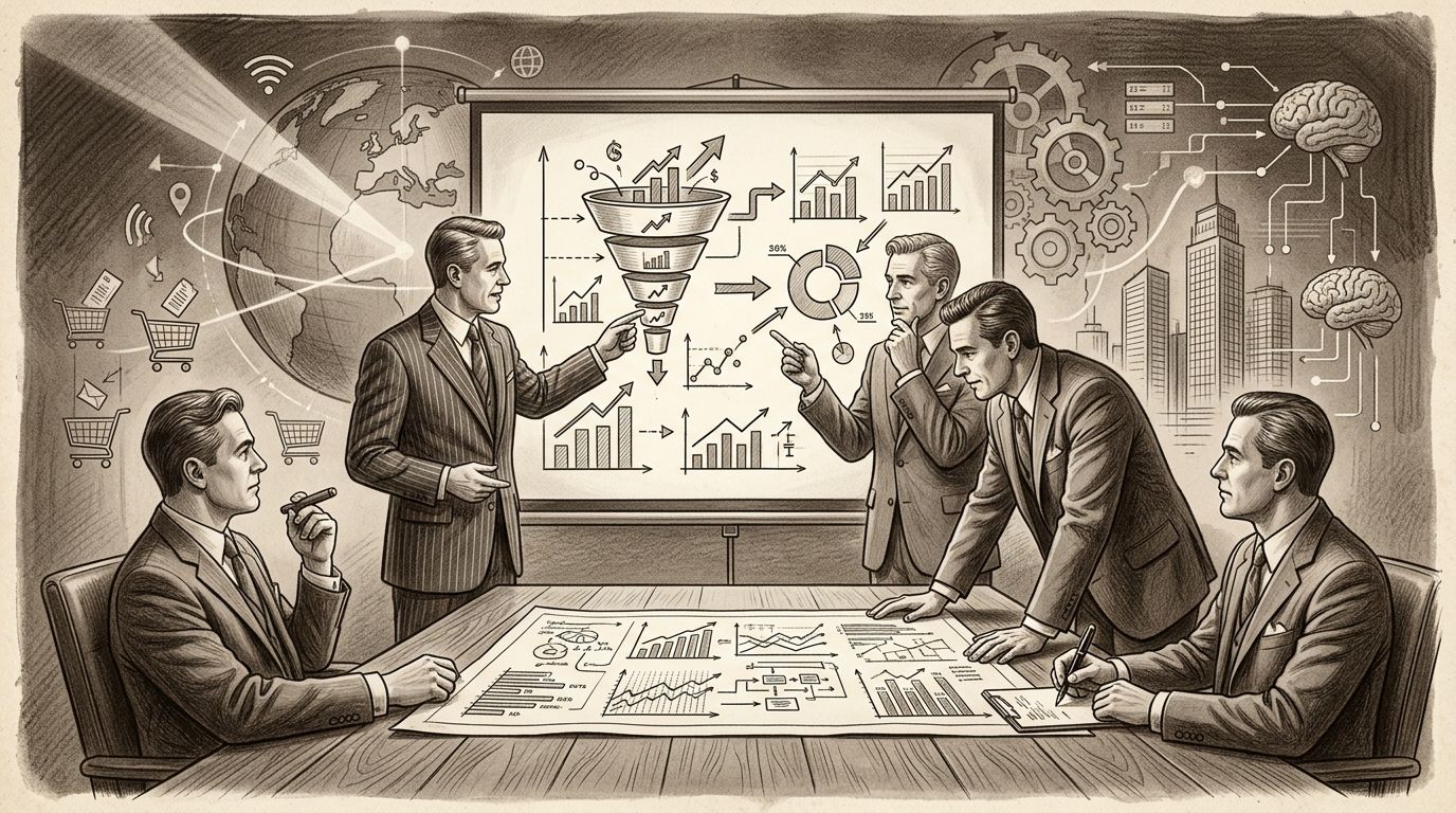 Grupo de empresarios en una reunión de negocios analizando estrategias de marketing y análisis de datos gráficos.